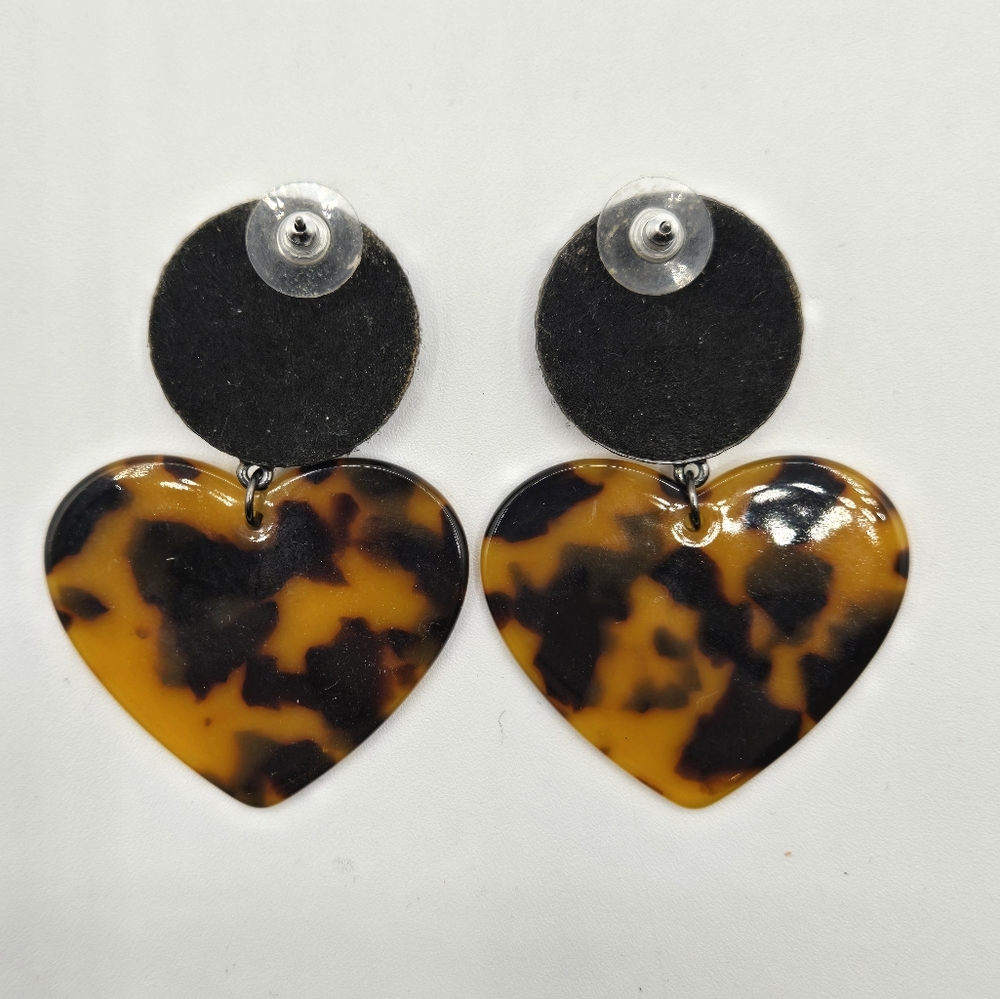 EXPRESS Fashion Earrings Chrome Rhinestones Tortoise Shell Heart - Picture 4 of 4